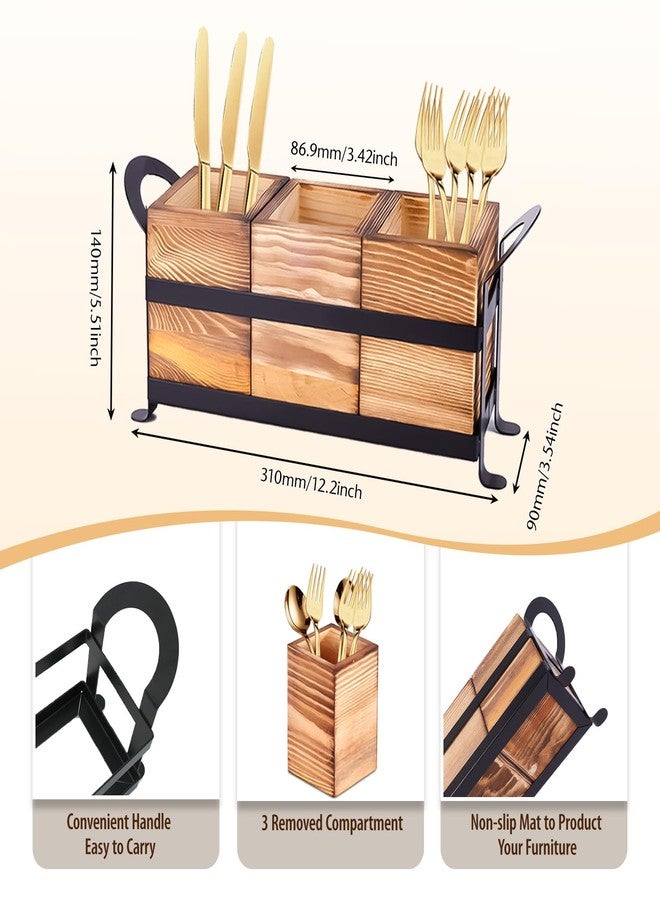 Earssa Wood Utensil Holder Silverware Caddy with Metal Rack Detachable Utensil Caddy for Party Flatware Organizer for Kitchen Forks Spoons Knives Storage - Image 3